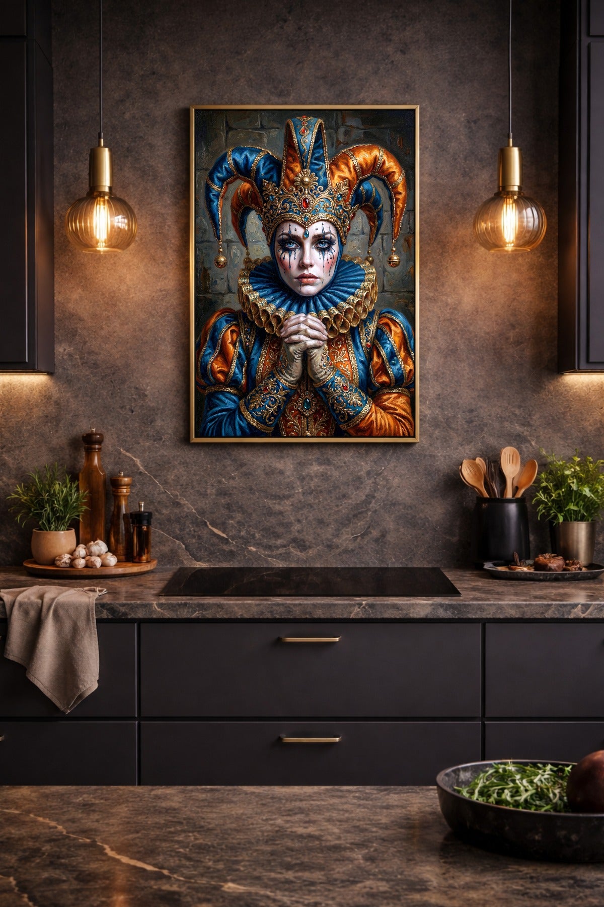 Dramatisches Närrin-Poster mit Harlekinfigur, goldenen Details, blauen Tränenspuren und dekorativer Narrenkappe vor dunkler Fantasy-Kulisse. Hängt gerahmt in einer Küche über dem Herd.