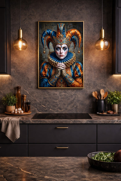 Dramatisches Närrin-Poster mit Harlekinfigur, goldenen Details, blauen Tränenspuren und dekorativer Narrenkappe vor dunkler Fantasy-Kulisse. Hängt gerahmt in einer Küche über dem Herd.