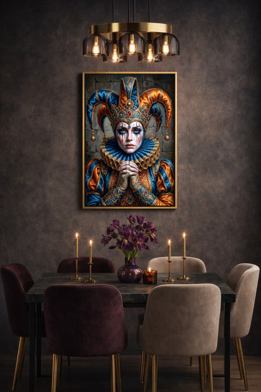Gerahmtes Poster mit Närrin-Motiv in Blau und Orange als ausdrucksstarke Wanddeko im eleganten Esszimmer