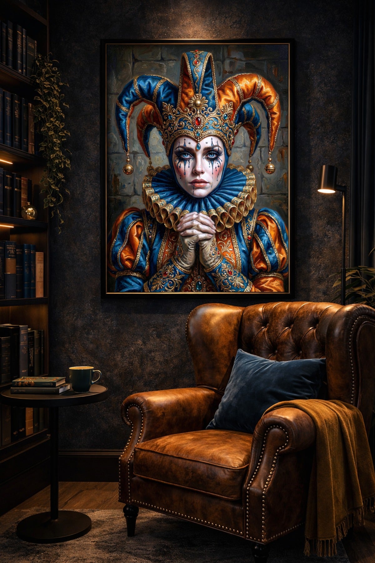 Großes Wandbild mit melancholischer Närrin, Krone und blau-orangem Kostüm in dunklem Wohnzimmer-Mockup