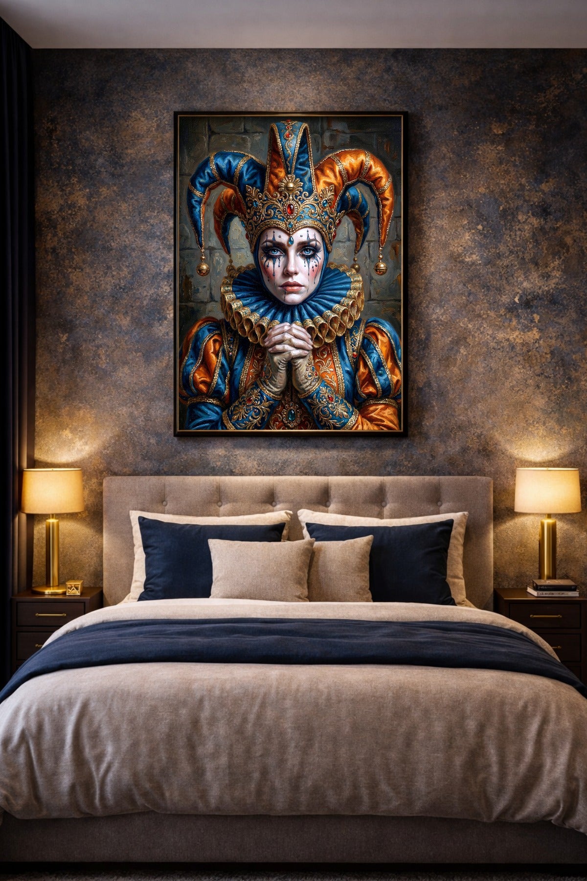 Poster mit trauriger Närrin in Blau und Orange als gerahmte Wandkunst über modernem Bett