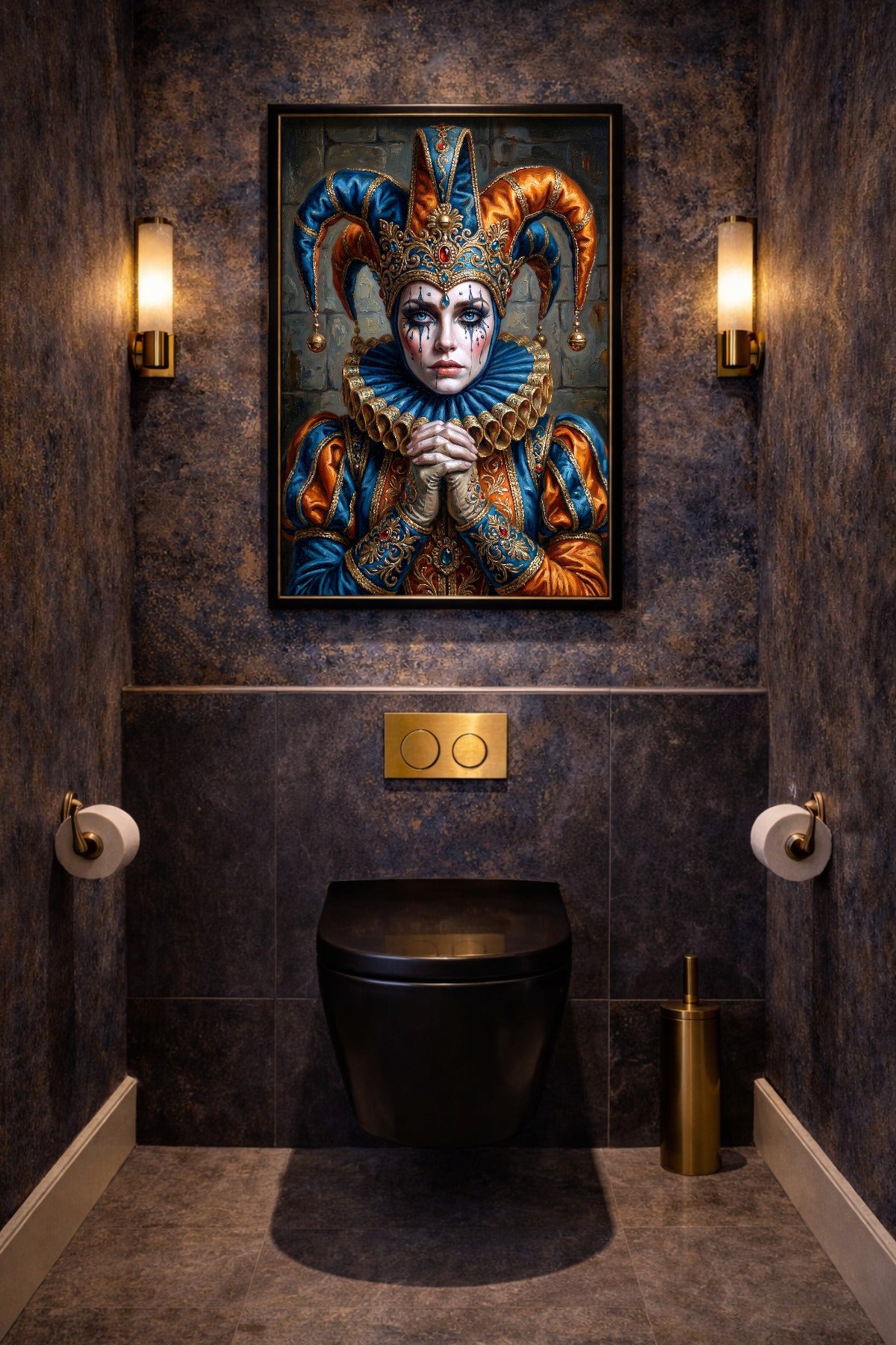 Ausdrucksstarkes Närrin-Wandbild im Hochformat mit Harlekinfigur, dunklem Hintergrund, blauen Tränen und detailreich geschmücktem Kostüm. Hängt gerahmt über einer Toillette in einem WC.