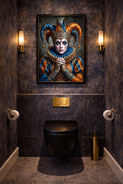 Ausdrucksstarkes Närrin-Wandbild im Hochformat mit Harlekinfigur, dunklem Hintergrund, blauen Tränen und detailreich geschmücktem Kostüm. Hängt gerahmt über einer Toillette in einem WC.