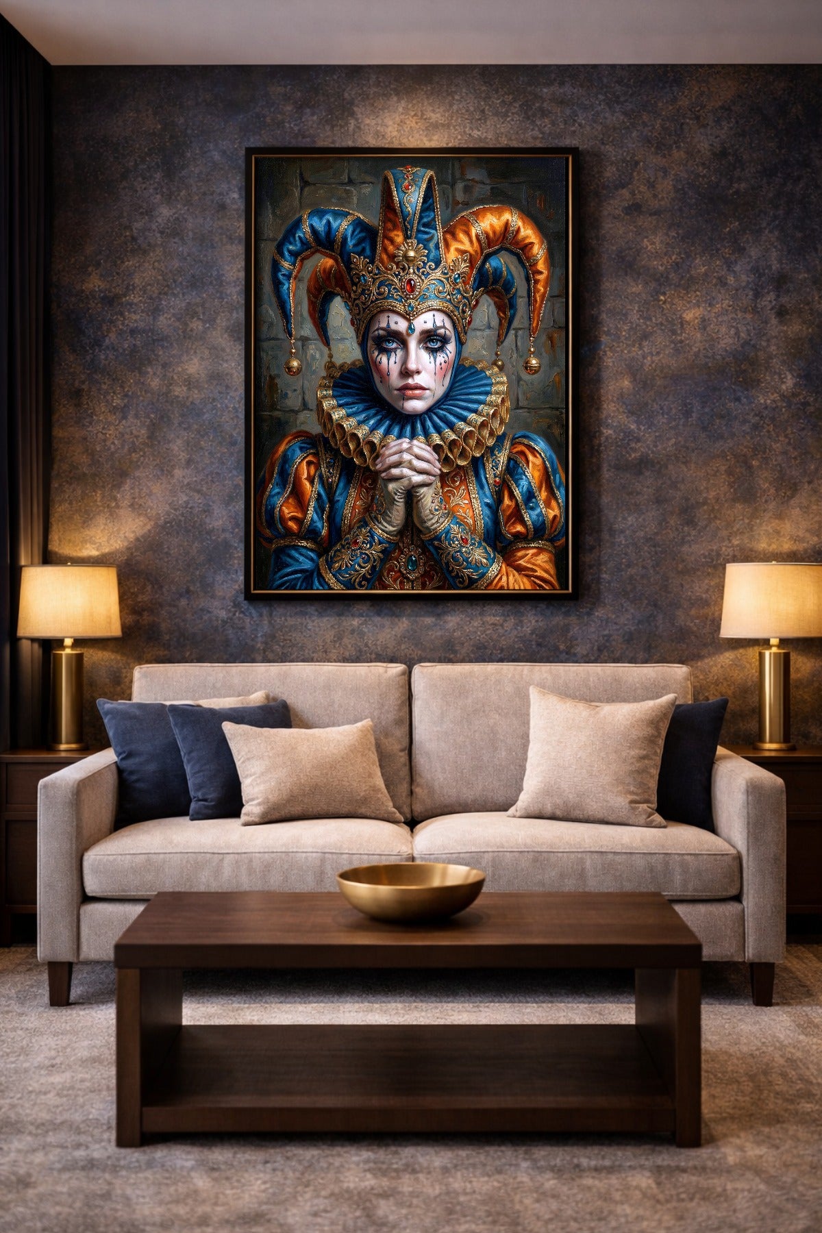 Närrin-Poster in Blau und Orange als gerahmte Wanddeko über hellem Sofa vor dunkler Strukturwand