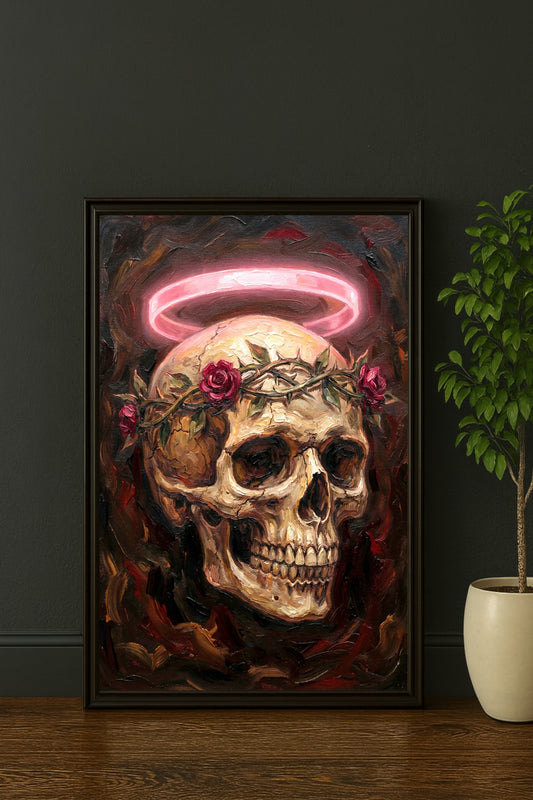 Digitales Skull Poster mit hellem Schädel, Dornenkrone, roten Rosen und rosafarbenem Neonheiligenschein.