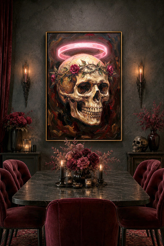 Digitales Skull Poster mit hellem Schädel, Dornenkrone, roten Rosen und leuchtendem rosafarbenem Neon-Heiligenschein.