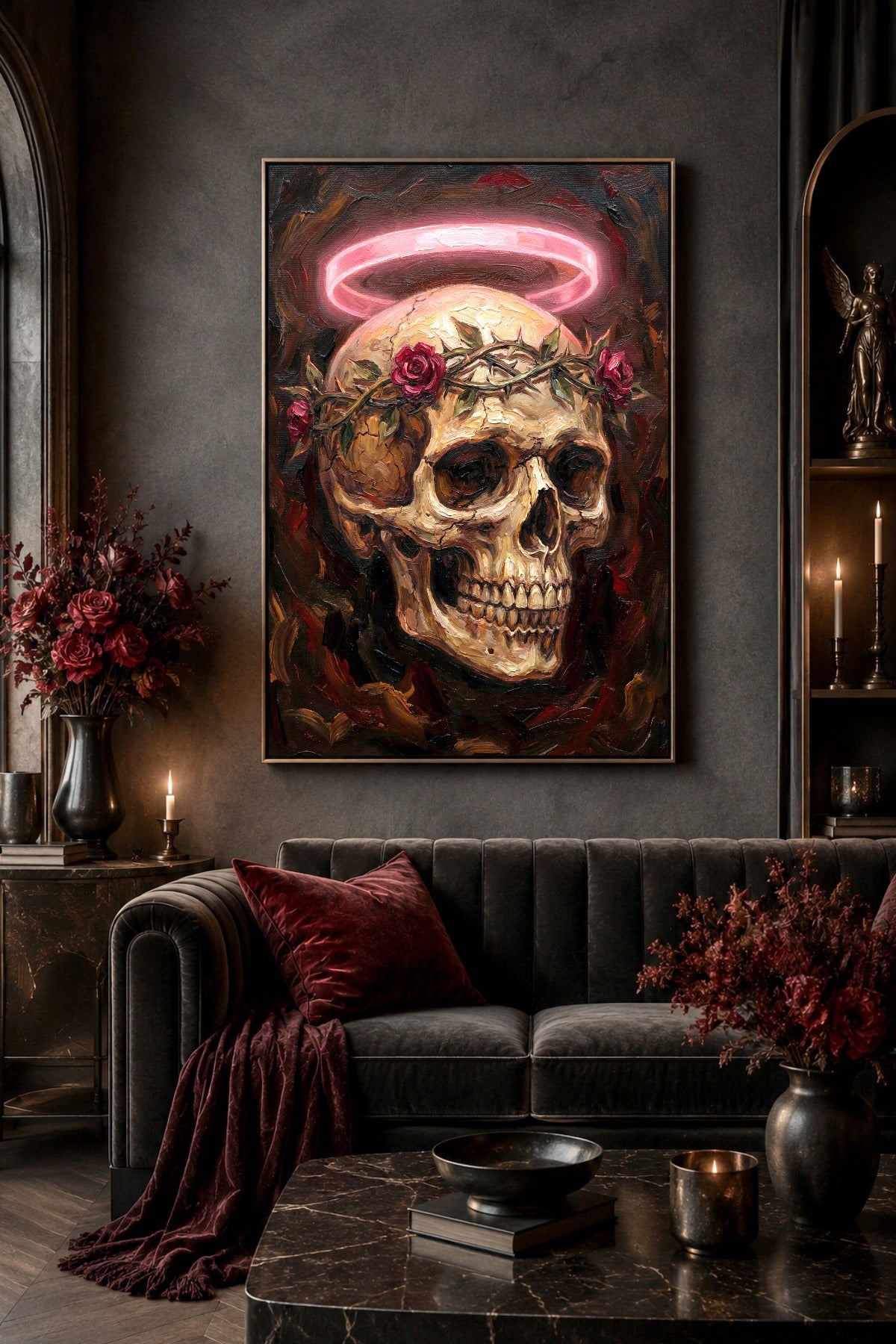 Skull Wandbild als digitaler Download mit hellem Totenkopf, Dornenkrone, roten Rosen und pinkem Halo im Neon-Goth-Stil.