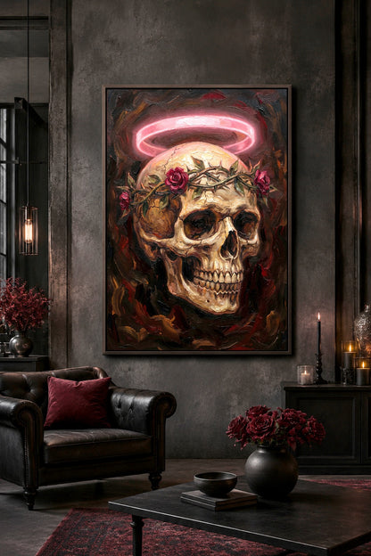 Digitales Gothic Poster mit hellem Schädelmotiv, Dornenranke, weinroten Rosen und rosafarbenem Neonlicht als Heiligenschein.