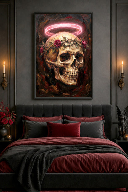 Memento-Mori-Poster mit hellem Schädel, dunkler Dornenkrone, roten Rosen und pink leuchtendem Heiligenschein im Gothic-Stil.