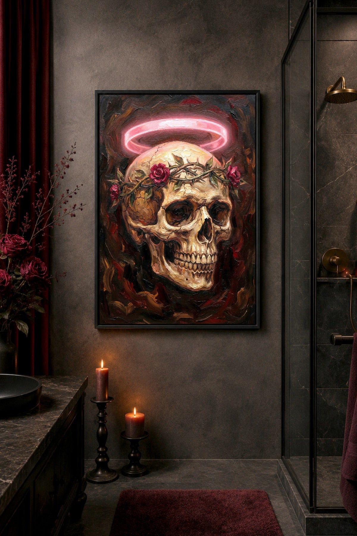 Digitales Totenkopf Poster mit cremigem Schädel, Dornenkrone, roten Rosen und rosafarbenem Neon-Halo vor dunklem Hintergrund.