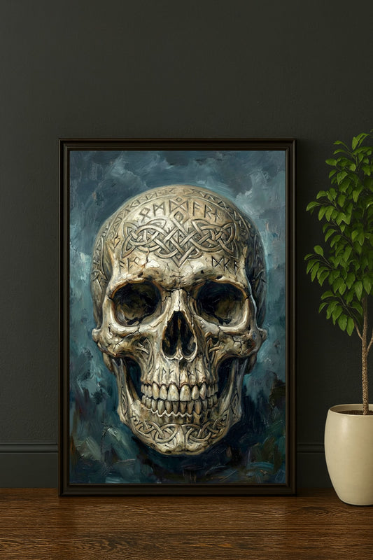 Digitales Nordic Noir Poster mit Totenkopf, Runen, Knotenmuster und dunkelblaugrünem Hintergrund im Viking-Art-Stil.