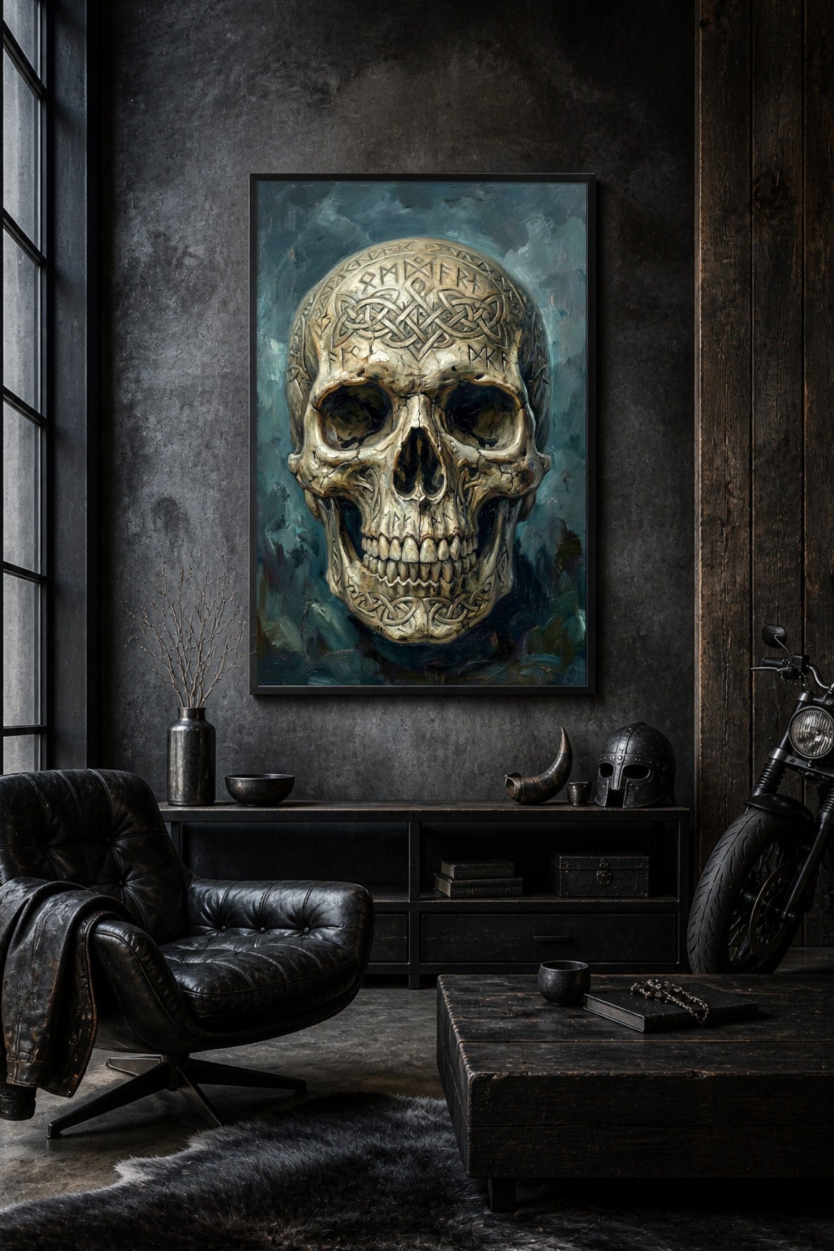 Digitales Nordic Noir Poster mit frontalem Totenkopf, nordischen Runen, verschlungenen Knotenmuster-Details und dunkelblaugrünem Hintergrund.