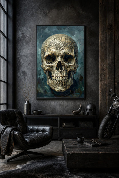 Digitales Nordic Noir Poster mit frontalem Totenkopf, nordischen Runen, verschlungenen Knotenmuster-Details und dunkelblaugrünem Hintergrund.