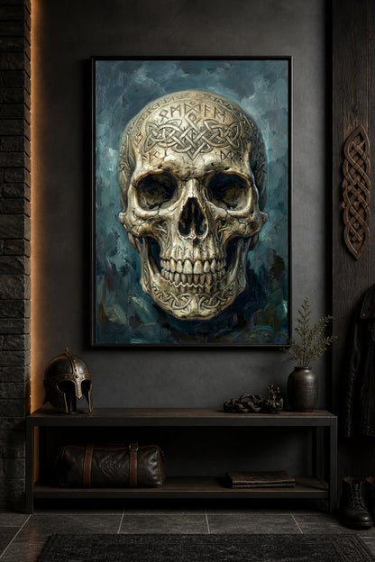 Viking-Art-Poster als Digitaldownload mit Totenkopf, Runenverzierungen, Knotenornamenten und rauer Malstruktur in dunklen Blaugrün-Tönen.