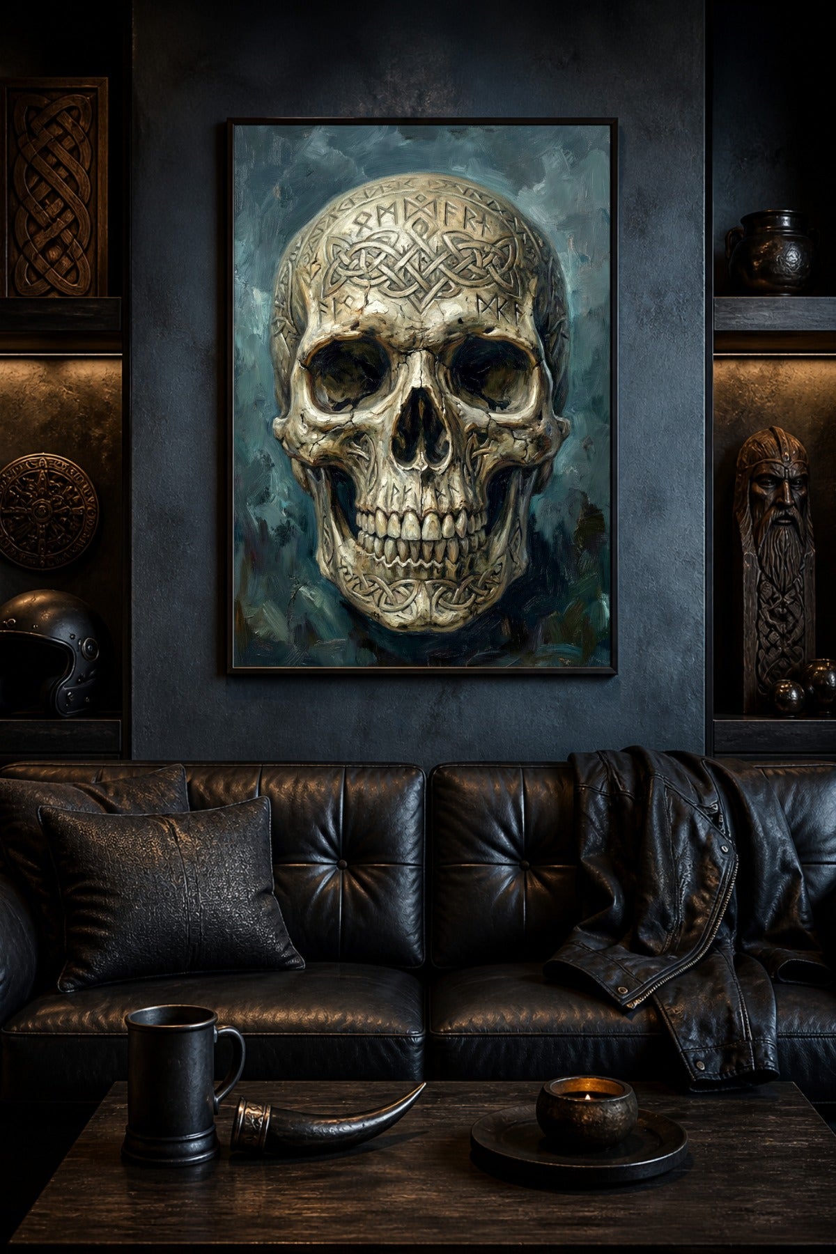 Dunkles Totenkopf Poster im Nordic-Noir-Stil mit Runen, Knotenmuster, tiefen Augenhöhlen und mystischem dunkelblaugrünem Hintergrund.