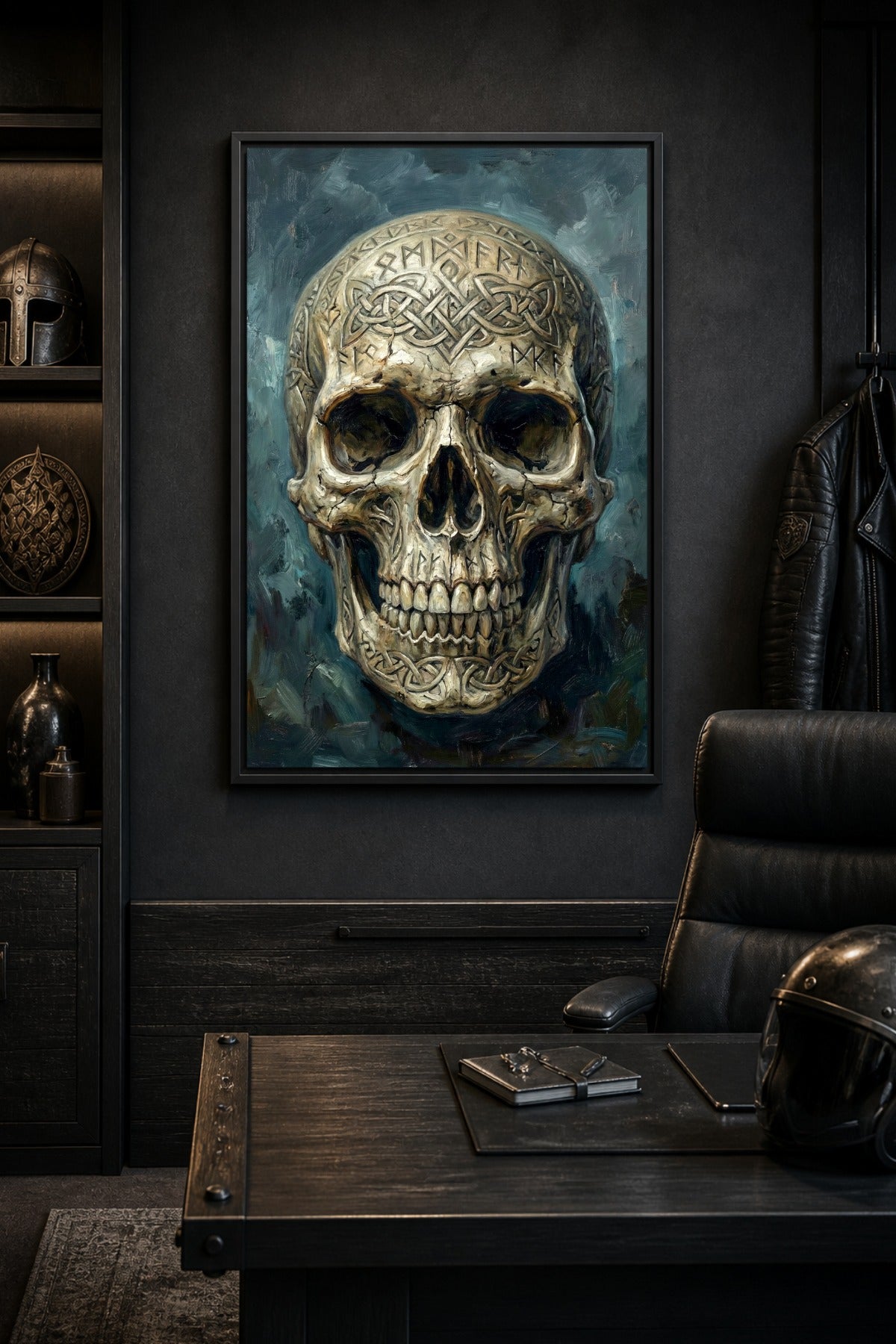 Digitales Memento Mori Wandbild mit nordisch verziertem Schädel, Runen, Knotenornamenten und rauem Viking-Art-Look.