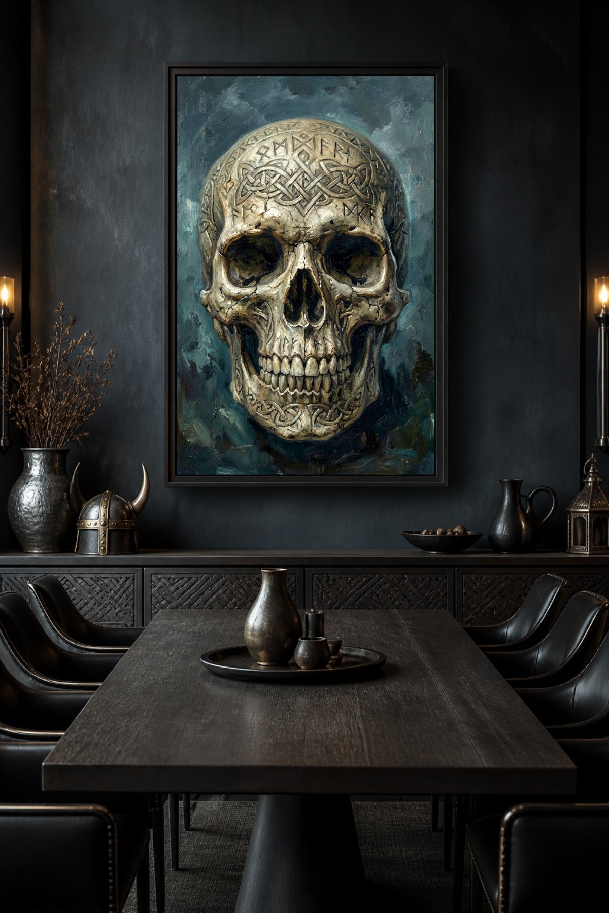 Nordic Noir Wandkunst mit Totenkopf, Runen, verschlungenem Knotenmuster und dunkelblaugrüner Atmosphäre als digitales Viking Poster.