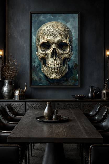 Nordic Noir Wandkunst mit Totenkopf, Runen, verschlungenem Knotenmuster und dunkelblaugrüner Atmosphäre als digitales Viking Poster.