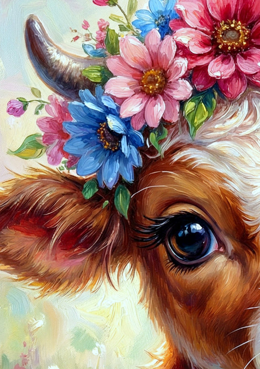 Digitales Kinderzimmer-Poster mit süßem Kalb, rosa-blauem Blumenkranz, Herzanhänger und blühender Blumenwiese in sanfter Farbwelt.