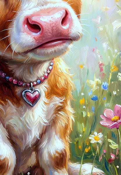 Liebevolles Poster fürs Kinderzimmer mit kleinem Kalb, floralem Kranz aus rosa und blauen Blüten, Herzanhänger und bunter Wiese.