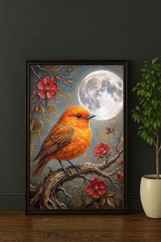 Orangefarbener Vogel auf Ast vor hellem Vollmond mit roten Blüten in malerischem Hintergrund als digitales Wandbild im Hochformat.