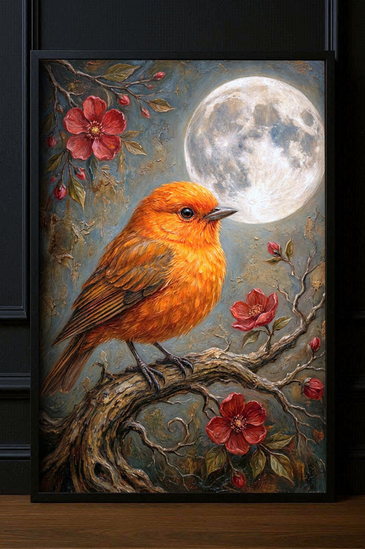 Großes Poster mit orangefarbenem Vogel auf knorrigem Ast, Vollmond, roten Blüten und strukturierter malerischer Naturkulisse