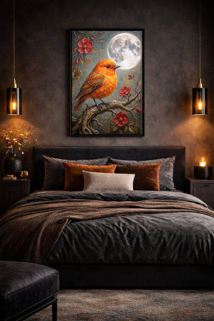 Malerisches Hochformat-Wandbild mit orangefarbenem Vogel, roten Blütenzweigen und großem Mond vor dekorativem Hintergrund.