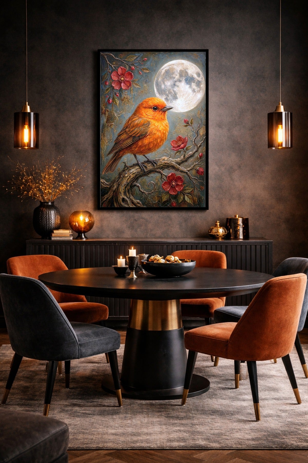 Digitales Naturposter im Hochformat mit orangefarbenem Vogel auf Ast, roten Blüten und hellem Vollmond in romantischer Maloptik.
