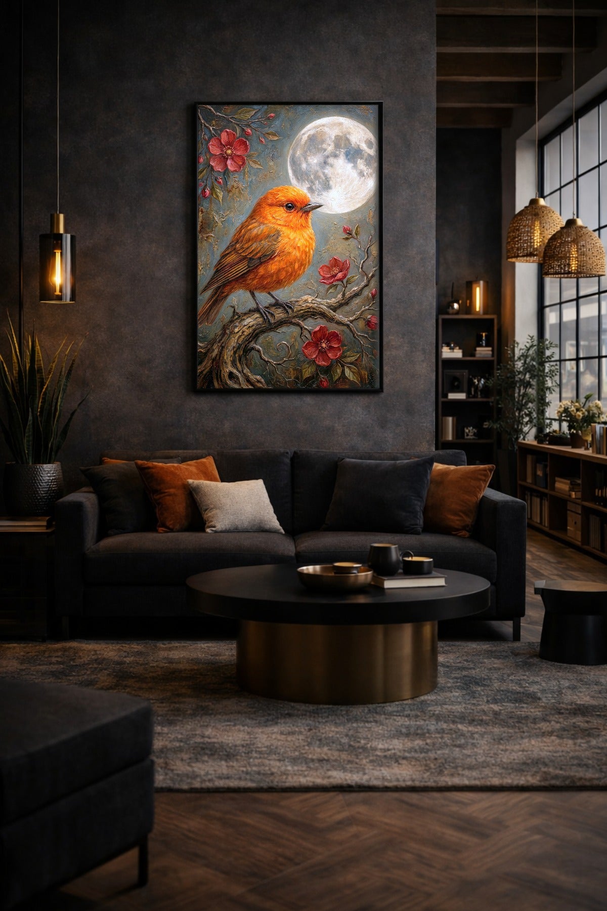 Atmosphärisches Wandbild mit orangefarbenem Vogel vor Vollmond, roten Blüten und weichem, gemaltem Hintergrund im Hochformat.