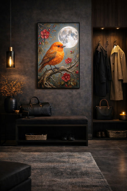 Hochformatiges digitales Poster mit orangefarbenem Vogel auf Ast, roten Blüten und hellem Mond in dekorativer, malerischer Bildsprache.