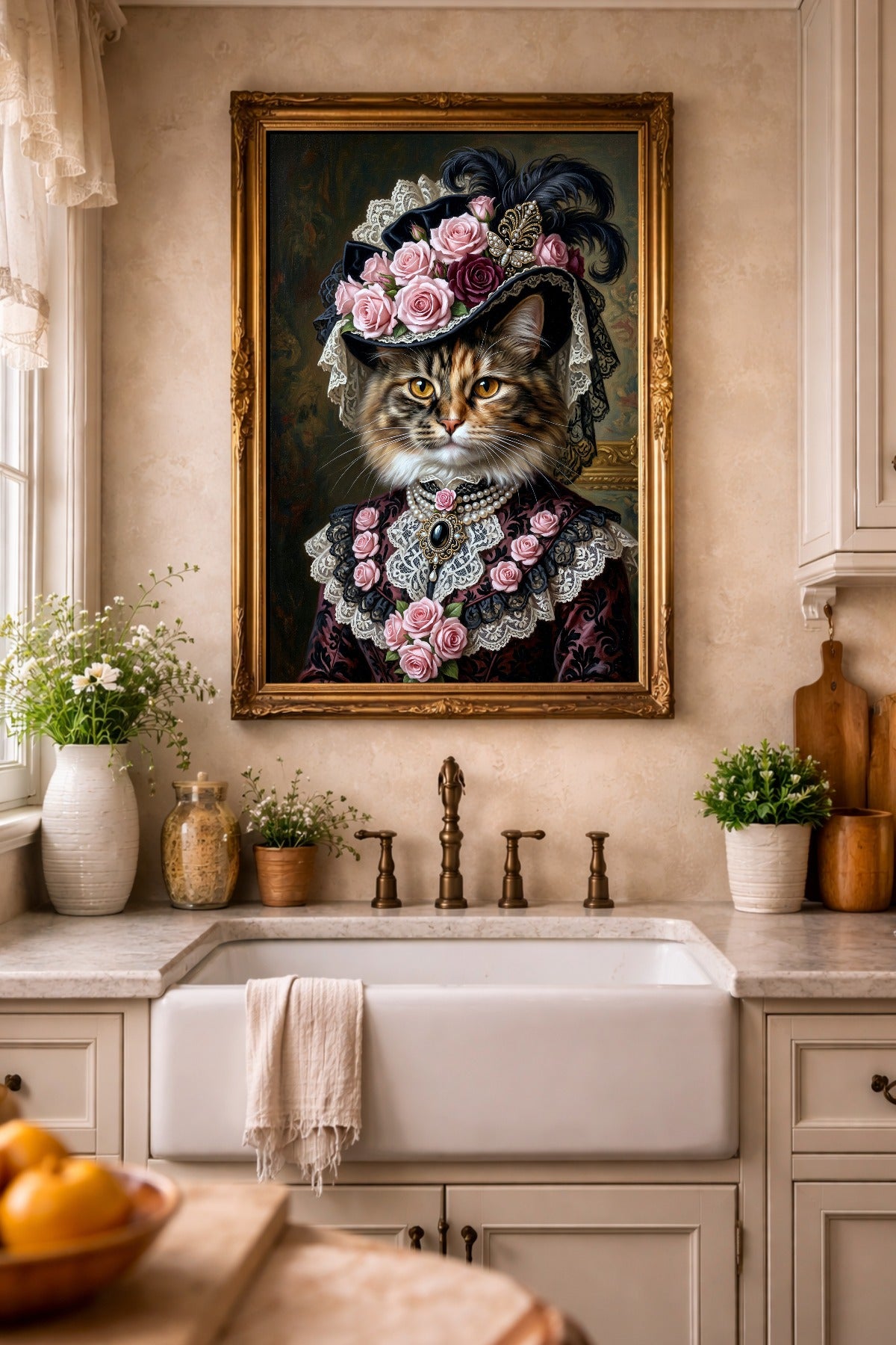 Vintage-inspiriertes Katzenporträt mit viktorianischer Mode, schwarzem Rosenhut, feiner Spitze und Perlenkette in eleganten dunklen Farbtönen.