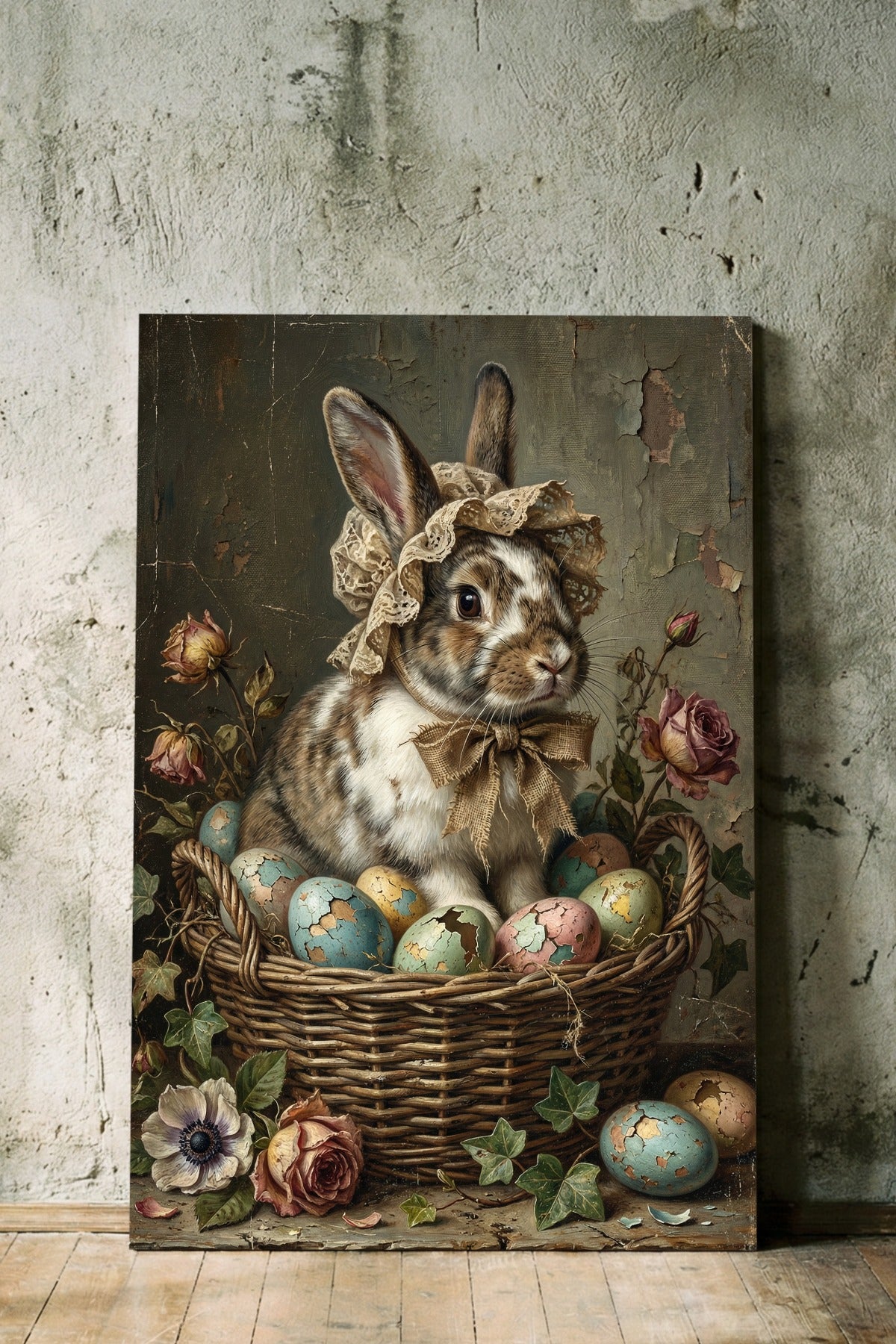 Nostalgische Illustration eines Hasen mit Haube in einem Korb mit Ostereiern, gemalt im klassischen Öl-Stil mit rissiger Leinwand-Optik.