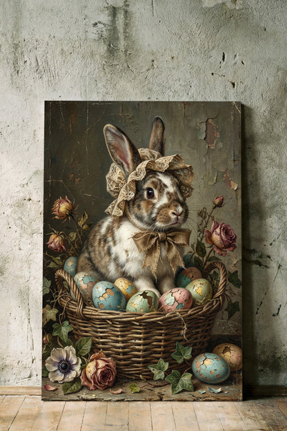 Nostalgische Illustration eines Hasen mit Haube in einem Korb mit Ostereiern, gemalt im klassischen Öl-Stil mit rissiger Leinwand-Optik.