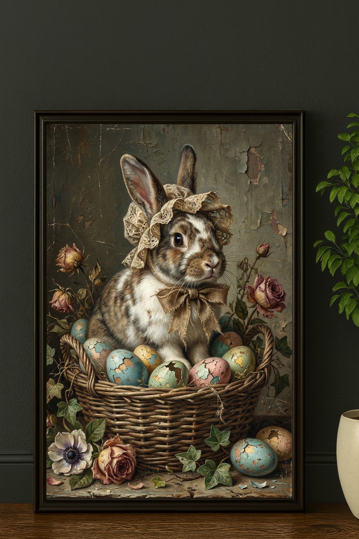 Nostalgische Illustration eines Hasen mit Haube in einem Korb mit Ostereiern, gemalt im klassischen Öl-Stil mit rissiger Leinwand-Optik.