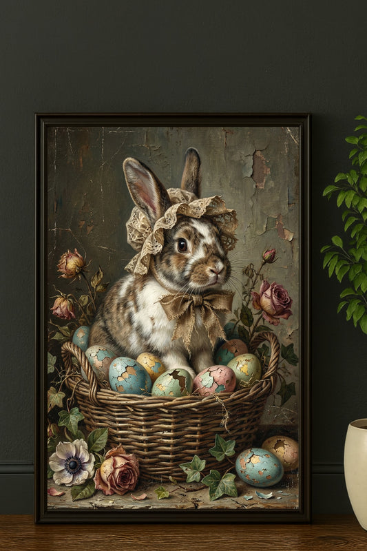 Nostalgische Illustration eines Hasen mit Haube in einem Korb mit Ostereiern, gemalt im klassischen Öl-Stil mit rissiger Leinwand-Optik.
