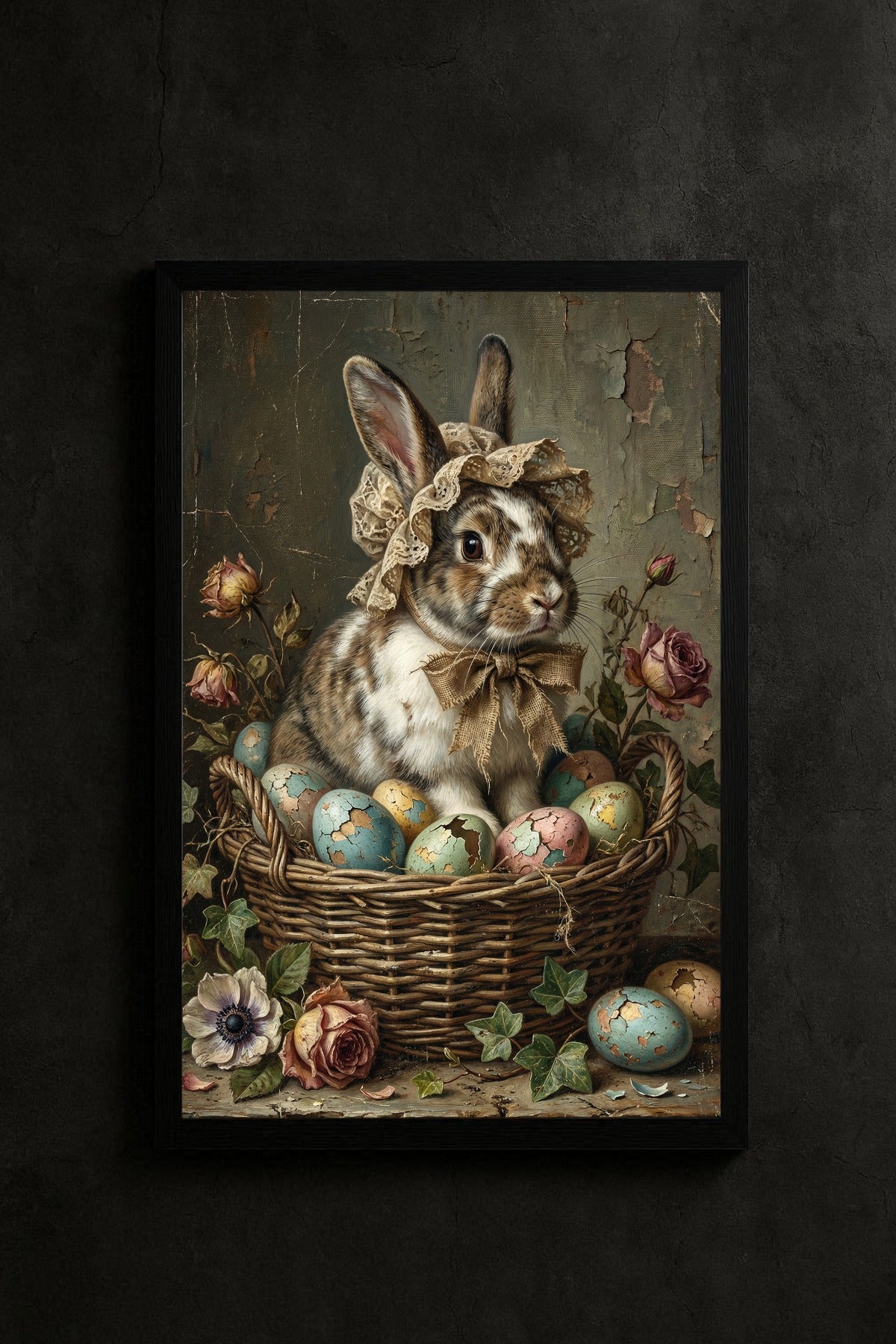 Nostalgische Illustration eines Hasen mit Haube in einem Korb mit Ostereiern, gemalt im klassischen Öl-Stil mit rissiger Leinwand-Optik.