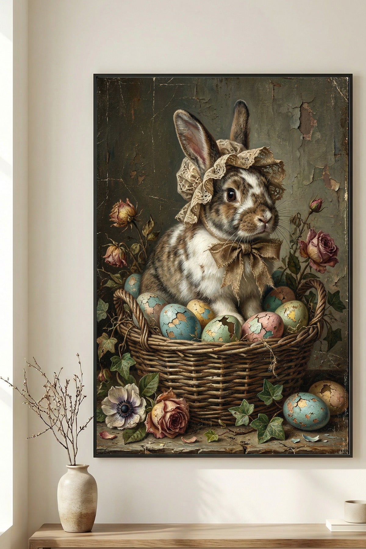 Nostalgische Illustration eines Hasen mit Haube in einem Korb mit Ostereiern, gemalt im klassischen Öl-Stil mit rissiger Leinwand-Optik.