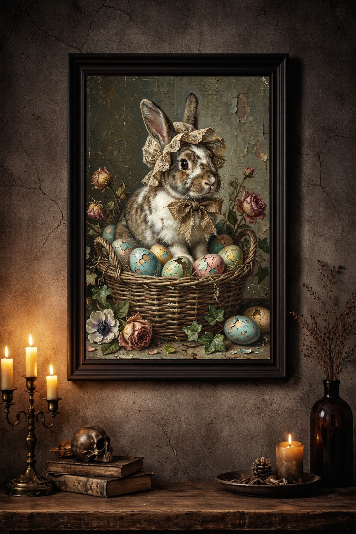 Nostalgische Illustration eines Hasen mit Haube in einem Korb mit Ostereiern, gemalt im klassischen Öl-Stil mit rissiger Leinwand-Optik.