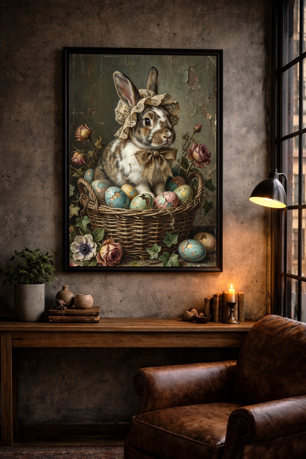 Nostalgische Illustration eines Hasen mit Haube in einem Korb mit Ostereiern, gemalt im klassischen Öl-Stil mit rissiger Leinwand-Optik.