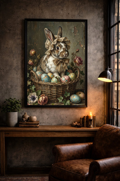Nostalgische Illustration eines Hasen mit Haube in einem Korb mit Ostereiern, gemalt im klassischen Öl-Stil mit rissiger Leinwand-Optik.