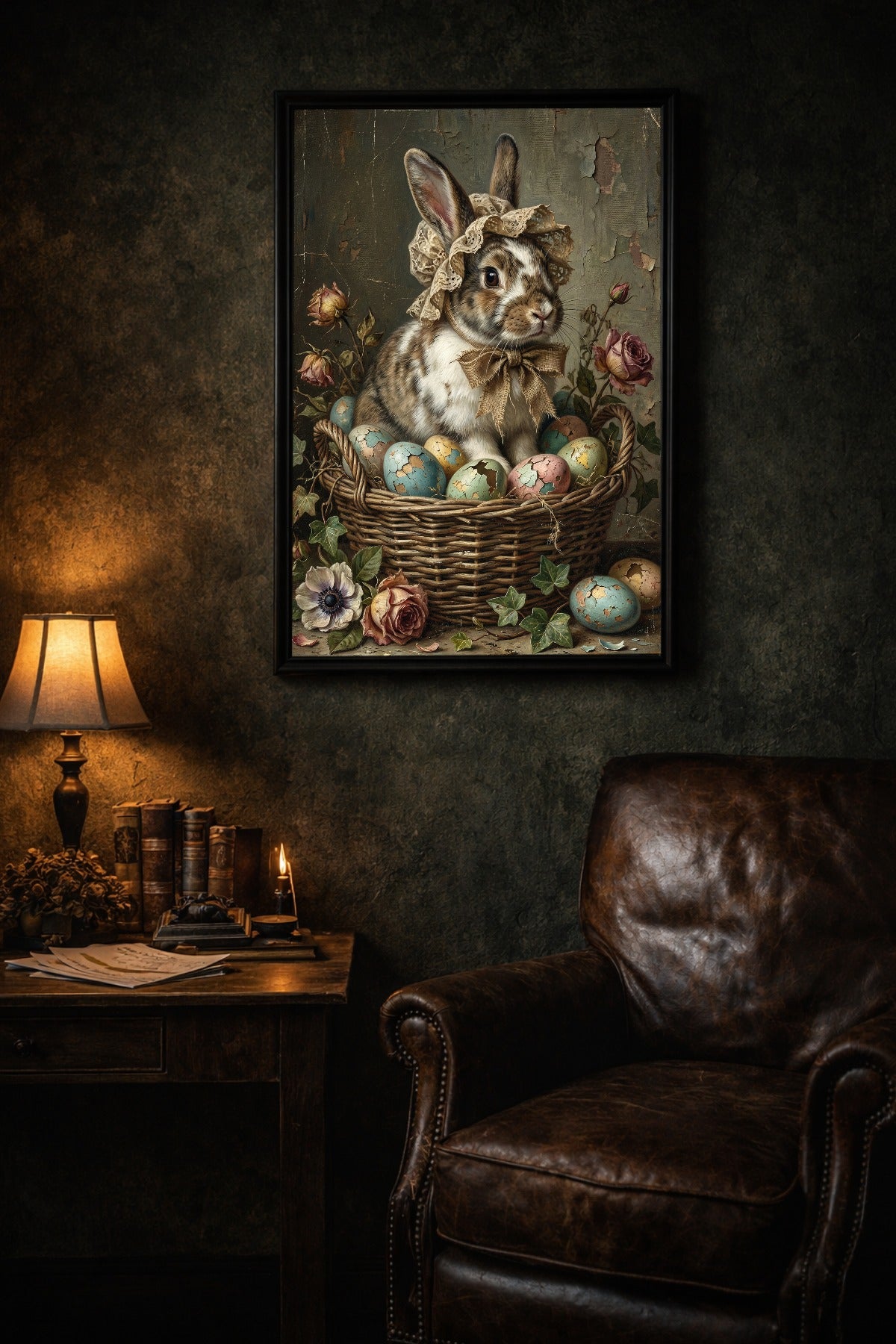 Nostalgische Illustration eines Hasen mit Haube in einem Korb mit Ostereiern, gemalt im klassischen Öl-Stil mit rissiger Leinwand-Optik.