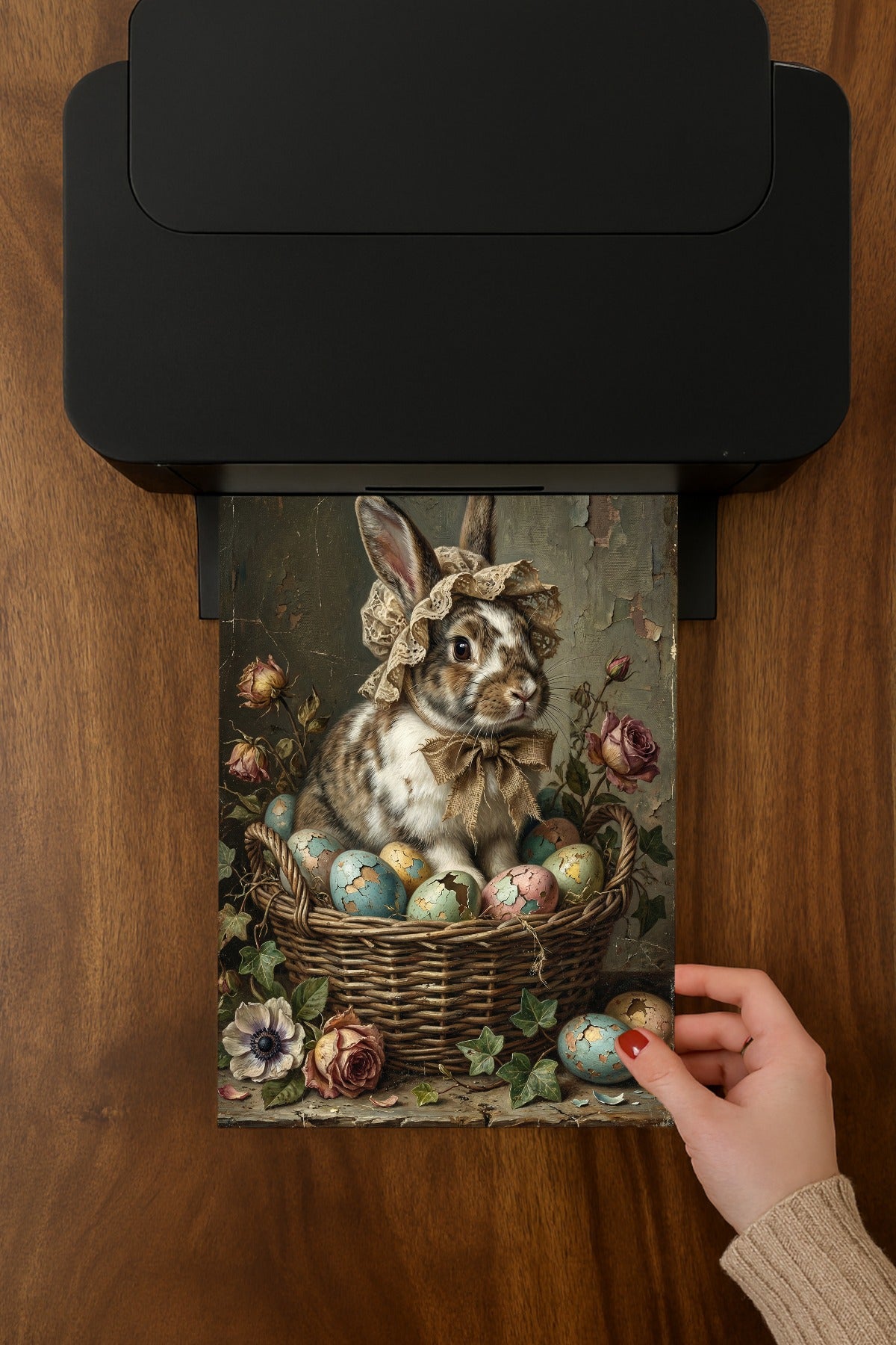 Nostalgische Illustration eines Hasen mit Haube in einem Korb mit Ostereiern, gemalt im klassischen Öl-Stil mit rissiger Leinwand-Optik.