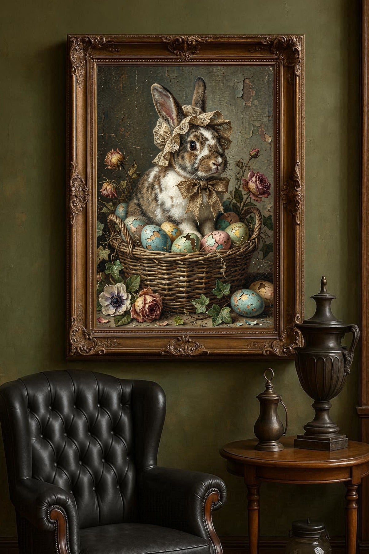 Nostalgische Illustration eines Hasen mit Haube in einem Korb mit Ostereiern, gemalt im klassischen Öl-Stil mit rissiger Leinwand-Optik.