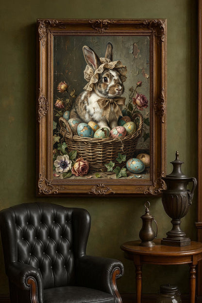 Nostalgische Illustration eines Hasen mit Haube in einem Korb mit Ostereiern, gemalt im klassischen Öl-Stil mit rissiger Leinwand-Optik.