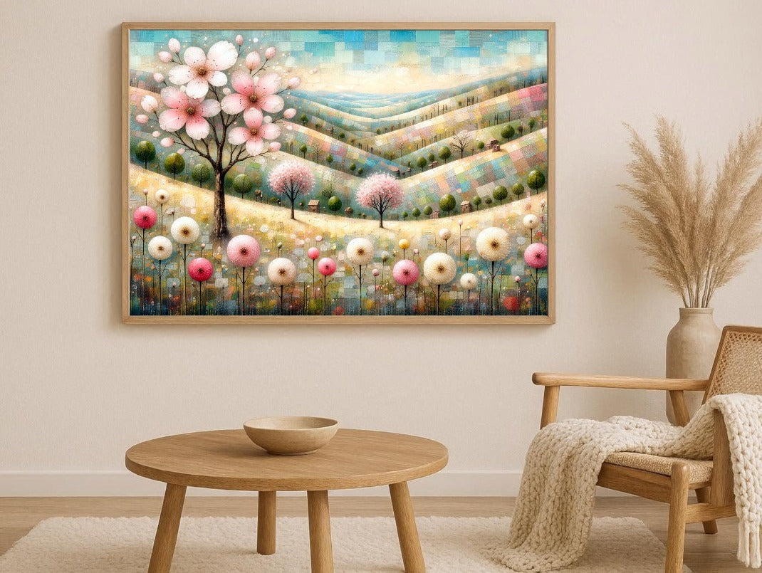 Digitales florales Landschaftsbild in Pastelltönen mit rosa Blütenbaum, sanften Hügeln, kleinen Bäumen und zarten Blumen in ruhiger Frühlingsstimmung.