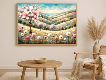 Digitales florales Landschaftsbild in Pastelltönen mit rosa Blütenbaum, sanften Hügeln, kleinen Bäumen und zarten Blumen in ruhiger Frühlingsstimmung.