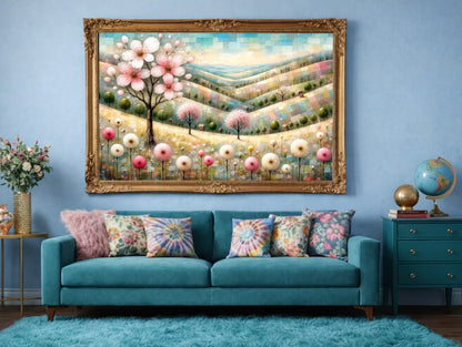 Digitales florales Landschaftsbild in Pastelltönen mit rosa Blütenbaum, sanften Hügeln, kleinen Bäumen und zarten Blumen in ruhiger Frühlingsstimmung.