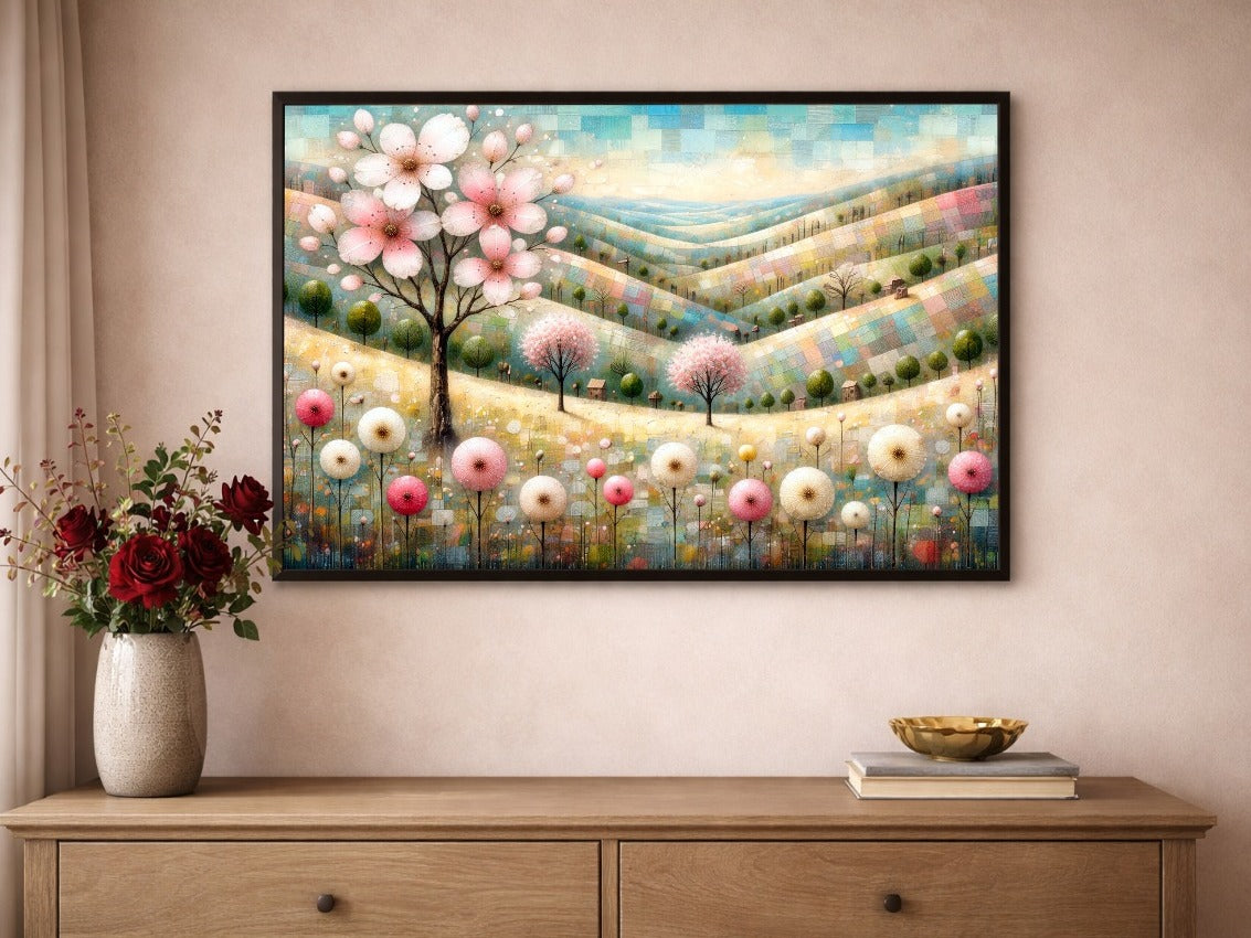 Digitales florales Landschaftsbild in Pastelltönen mit rosa Blütenbaum, sanften Hügeln, kleinen Bäumen und zarten Blumen in ruhiger Frühlingsstimmung.