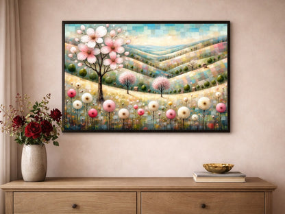 Digitales florales Landschaftsbild in Pastelltönen mit rosa Blütenbaum, sanften Hügeln, kleinen Bäumen und zarten Blumen in ruhiger Frühlingsstimmung.