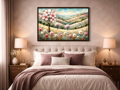 Digitales florales Landschaftsbild in Pastelltönen mit rosa Blütenbaum, sanften Hügeln, kleinen Bäumen und zarten Blumen in ruhiger Frühlingsstimmung.